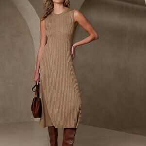 Banana Republic Andiamo Ribbed Merino Crew Sweater Dress Sand Khaki S